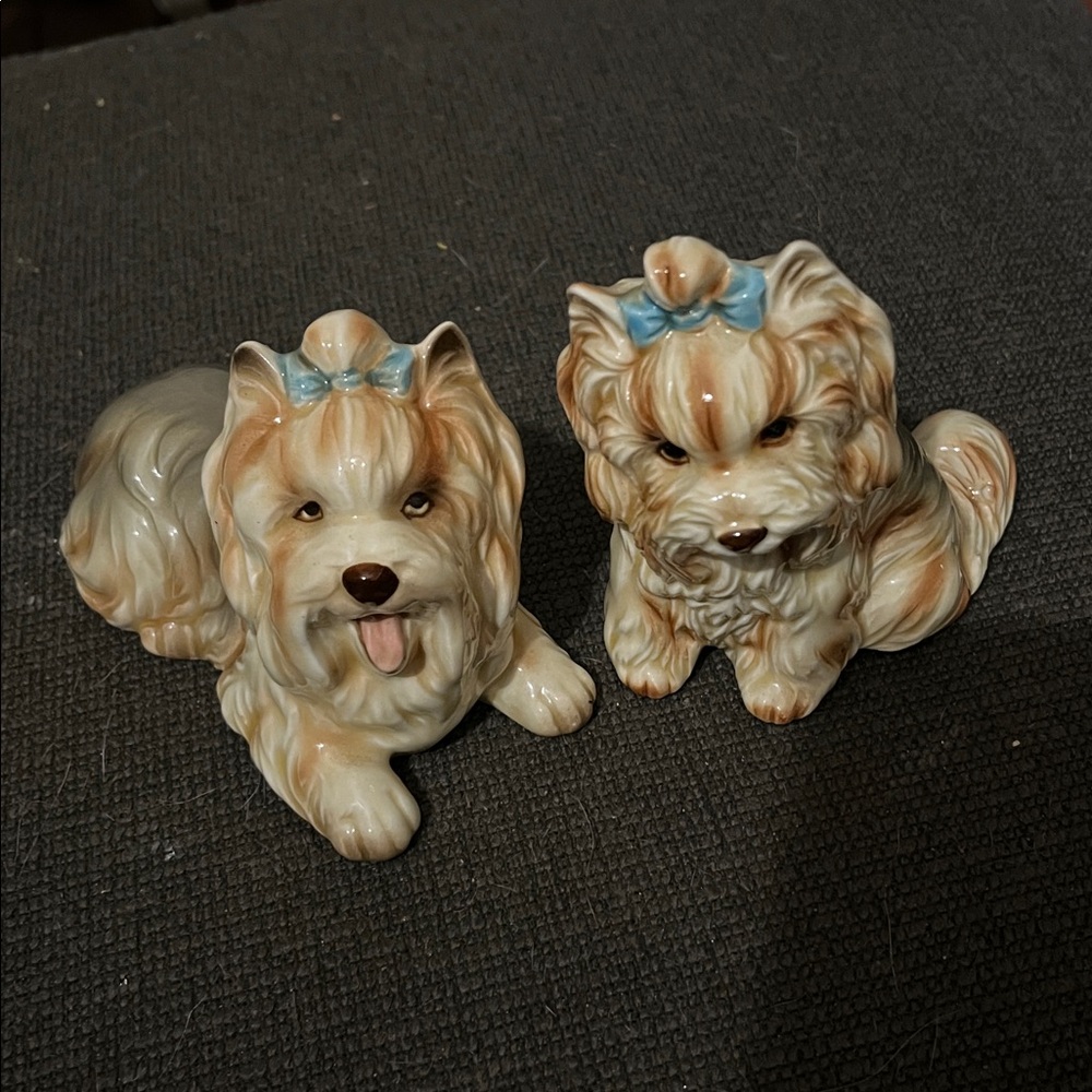 Porcelain Yorkies with a Blue Bow
